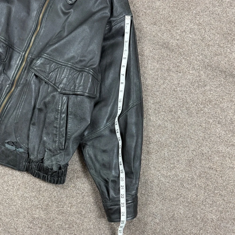 Vintage 90s Black Genuine Leather Distressed Full Zip Bomber Jacket Mens Size XL